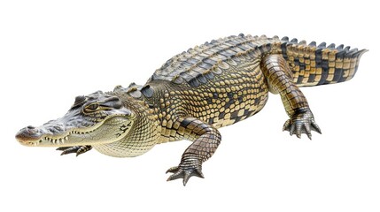 Obraz premium Bold young cuban crocodile parades with its mouth agape on a white backdrop, displaying striking scales, menacing teeth, and formidable claws in vivid shades of green, brown, and yellow
