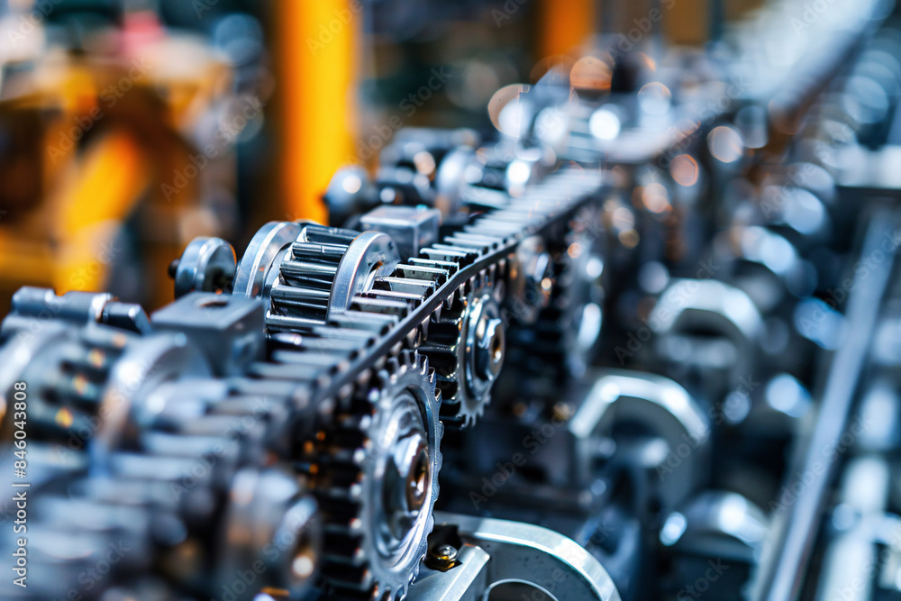 Poster detailed closeup of interlocking gears in a factory setting showcasing mechanical complexity and ind