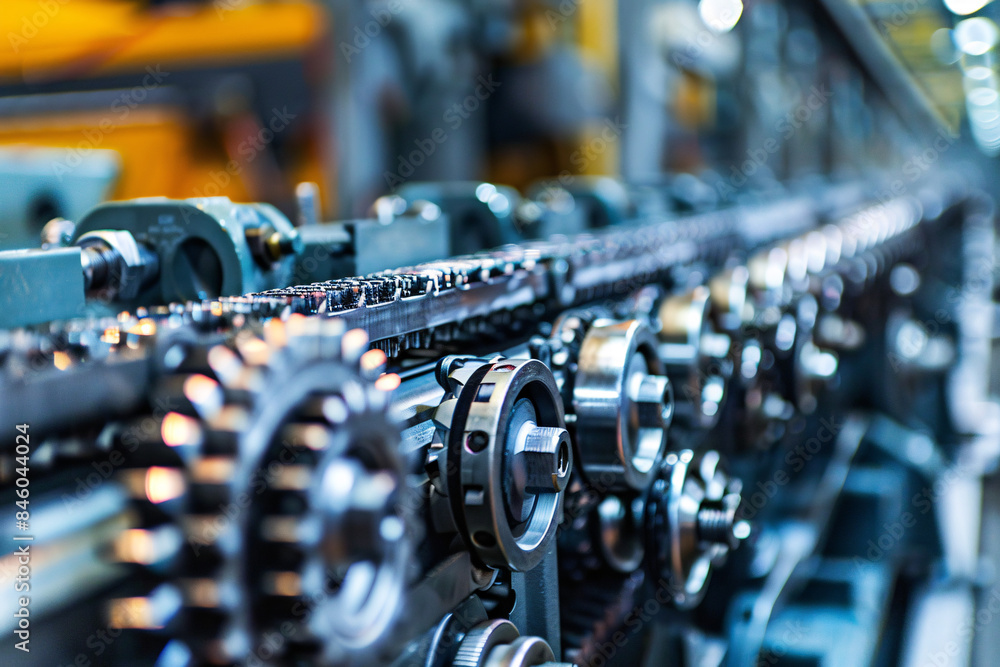 Poster closeup of industrial machine gears in a factory setting emphasizing precision engineering and machi
