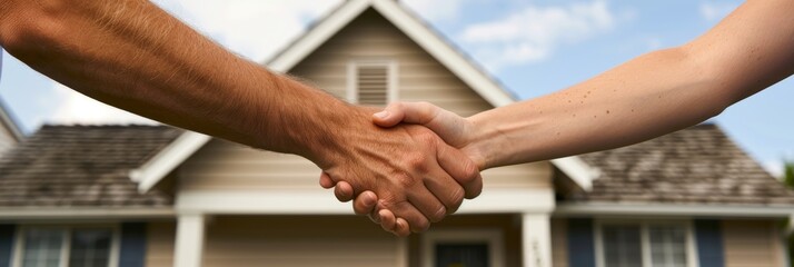 Obraz premium Agent and customer handshake in front of new house, minimalist style, ideal for text overlay