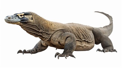 Bold komodo dragon showcasing its sharp claws and scaly skin, radiating menace against a white backdrop