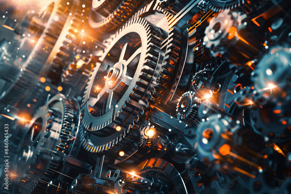 Poster complex gear mechanism with multiple interlocking gears and glowing light accents creating a high-te