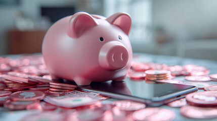 A pink piggy bank rests on a table covered in coins and a smartphone.
