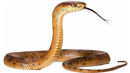 Brown tree snake extends its tongue as it slithers against a white backdrop