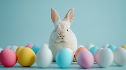 Cheerful and bright Easter celebration, showcasing colorful Easter eggs and a bunny figurine, minimalistic and clean, isolated on a white background. The image emphasizes joy and festivity.
