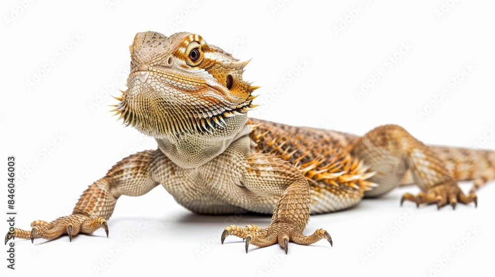 Poster bearded dragon lizard is resting on a white background showing its scaly skin and sharp claws