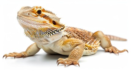 Fototapeta premium Beautiful bearded dragon peacefully rests on a white background, captivating with its curious eyes and intricate scales