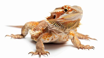 Obraz premium Close-up of a vibrant bearded dragon with alert expression, showcasing intricate scales and sharp claws against a white background