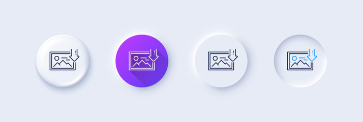 Download photo line icon. Neumorphic, Purple gradient, 3d pin buttons. Image thumbnail sign. Picture placeholder symbol. Line icons. Neumorphic buttons with outline signs. Vector
