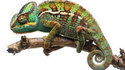 Obraz premium Panther chameleon grabbing a branch showing its beautiful green, turquoise and red skin, isolated on white