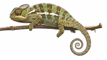 Obraz premium Energetic green and brown chameleon clings to a branch with its claws, its tail coiled in a flawless spiral