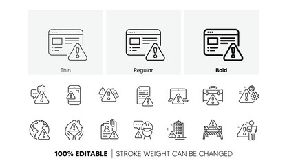 Risk attention, Caution sign and Exclamation mark. Warnings line icons. Danger alert, error caution, urgent information line icons. Safety risk, construction warning, documentation error. Vector
