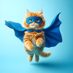 Obraz premium superhero cat, Cute orange tabby kitty with a blue cloak and mask jumping and flying on light blue background with copy space. The concept of a superhero, super cat. Ai generated 