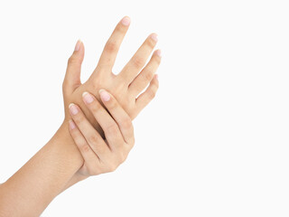 Woman suffering from pain in hand or wrist. Health concept.