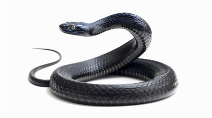 Fototapeta premium Striking black serpent defensively coils against a white background, displaying its wild and dangerous allure