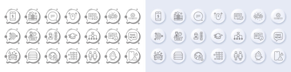 Restroom, Target and Coffee cup line icons. White pin 3d buttons, chat bubbles icons. Pack of No sun, Online voting, Phone warning icon. Hotel, Approved documentation, Restructuring pictogram. Vector