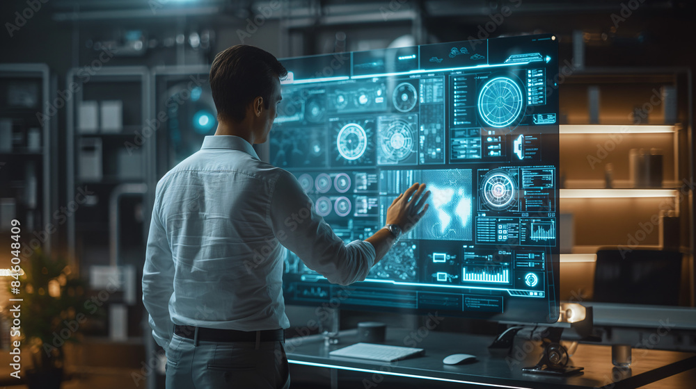 Poster a man in a light blue shirt stands in front of a large, futuristic computer screen, interacting with