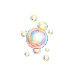 Soap bubbles of different sizes watercolor illustration. Soap foam, summer games, swimming, carnival, bubble party. Music notes background isolated. Ideal for art projects, children's books,
