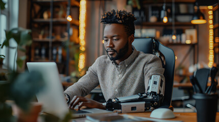 Fototapeta premium A man with a prosthetic arm works diligently at his desk in a modern office, showcasing perseverance and the benefits of technology