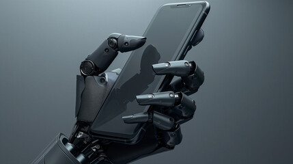 A close-up shot of a robotic hand holding a smartphone against a grey background. The hand is made of metal and has a sleek, modern design