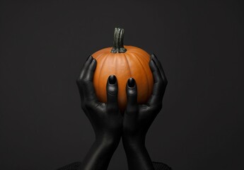 Hands painted black holding an orange pumpkin against a dark background, perfect for Halloween-themed designs and festive projects.