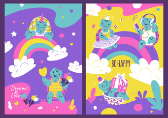 Joyful turtles with uplifting messages vector set