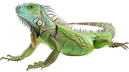 Obraz premium Alert green iguana stands tall and looks ahead against a white backdrop