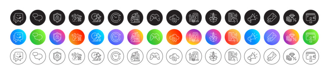 Shield, Cloud sync and Money tax line icons. Round icon gradient buttons. Pack of Startup, Time change, Yummy smile icon. E-mail, Gamepad, Wallet pictogram. Vector
