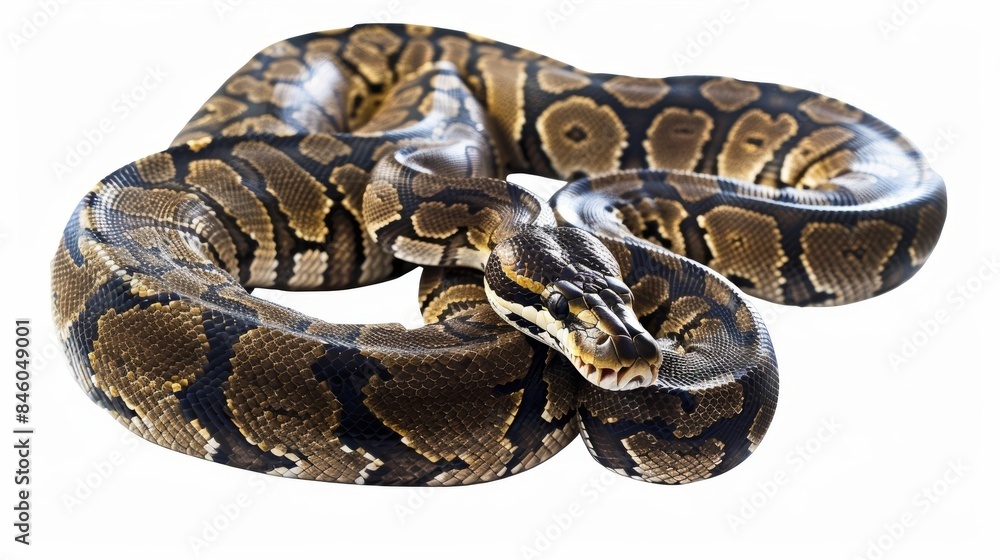 Poster ball python, also known as the royal python, coiled and resting on a white surface