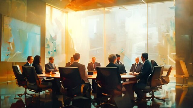 A painting of a group of people sitting around a conference table having a meeting. The people are all wearing suits and ties. The table is made of wood and has a glass top. There is a window in the b