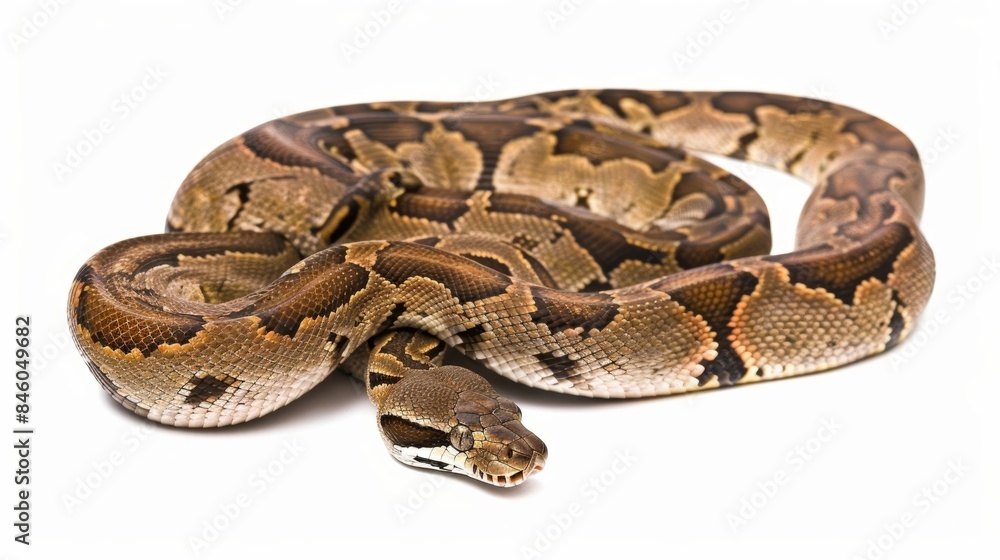 Poster resting royal python, also known as ball python, with head peeking out on a white background