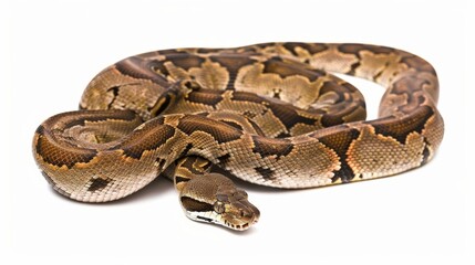 Obraz premium Resting royal python, also known as ball python, with head peeking out on a white background