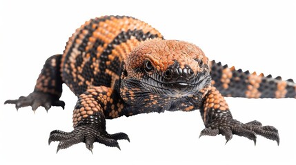 Obraz premium Gila monster lizard is making direct eye contact while crawling on a white surface