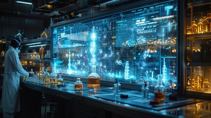 A scientist in a lab coat conducts virtual experiments in a futuristic chemistry lab equipped with a holographic display.