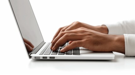 Bright and clean Labor Day scene, close-up of a journalist’s hands typing on a laptop, minimalistic design, isolated on a white background. 