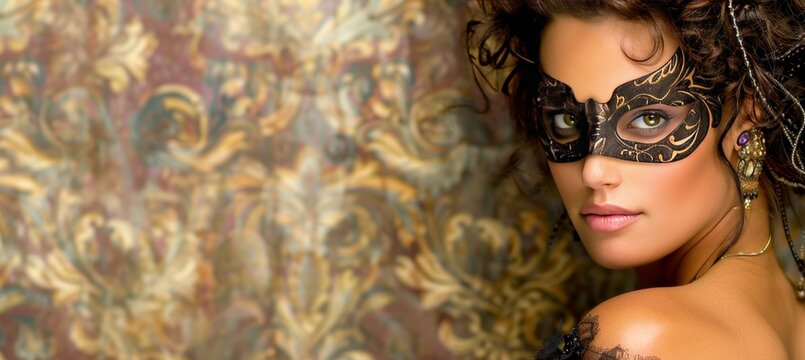 Vintage elegant woman in masquerade mask on antique background, ideal for retro editorials