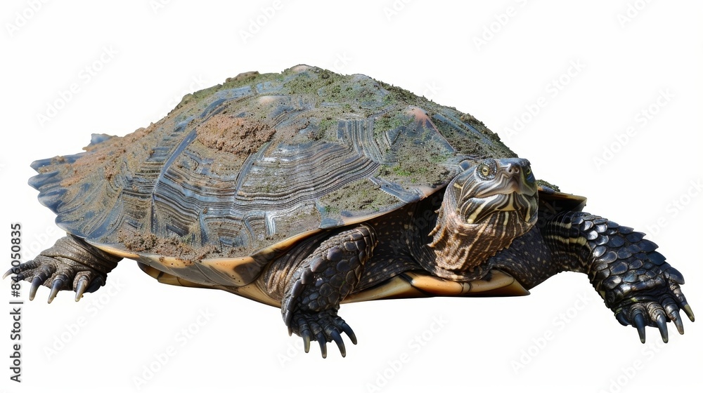 Poster large turtle with a dirty shell slowly crosses a clean white background, showcasing its unique textu