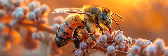 A honey bee gathers pollen from a flower in the warm glow of the setting sun