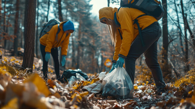 Young volunteers cleaning up the forest