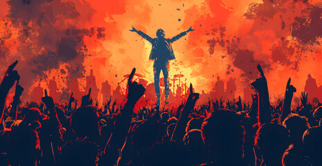 Obraz premium A crowd of people are cheering for a rock star