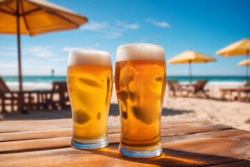 Frothy cold beer glasses on a sunny beach, seaside relaxation under yellow umbrellas, basking in the summer vibe