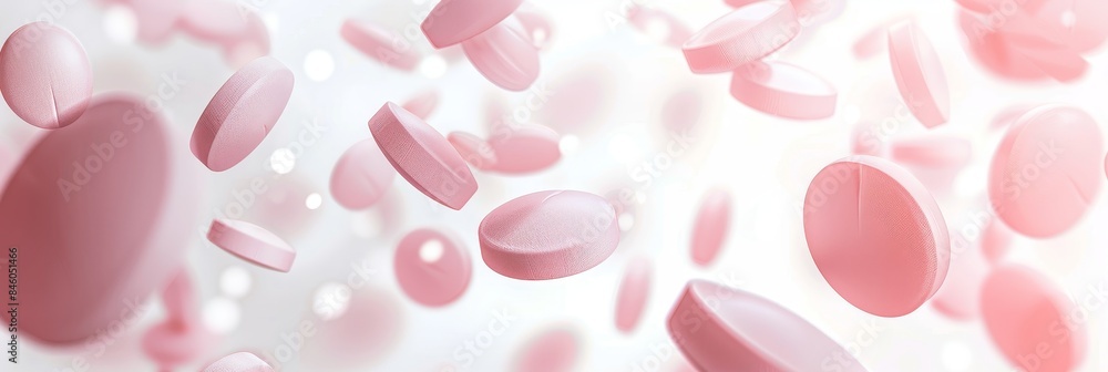Poster medication pills falling on soft color background with copy space and bokeh effect