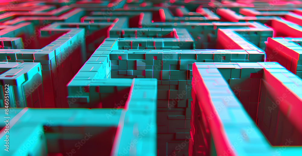 Aufkleber a maze made of blocks with a red and blue background