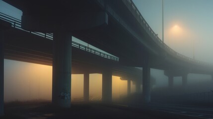 Fototapeta premium The early morning light filters through the fog casting a soft ethereal glow on the overpass. . AI generation.