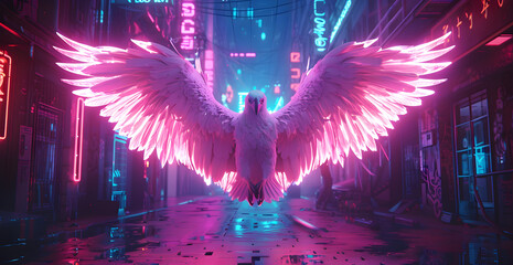 A neon pink bird with a white body flies over a city street