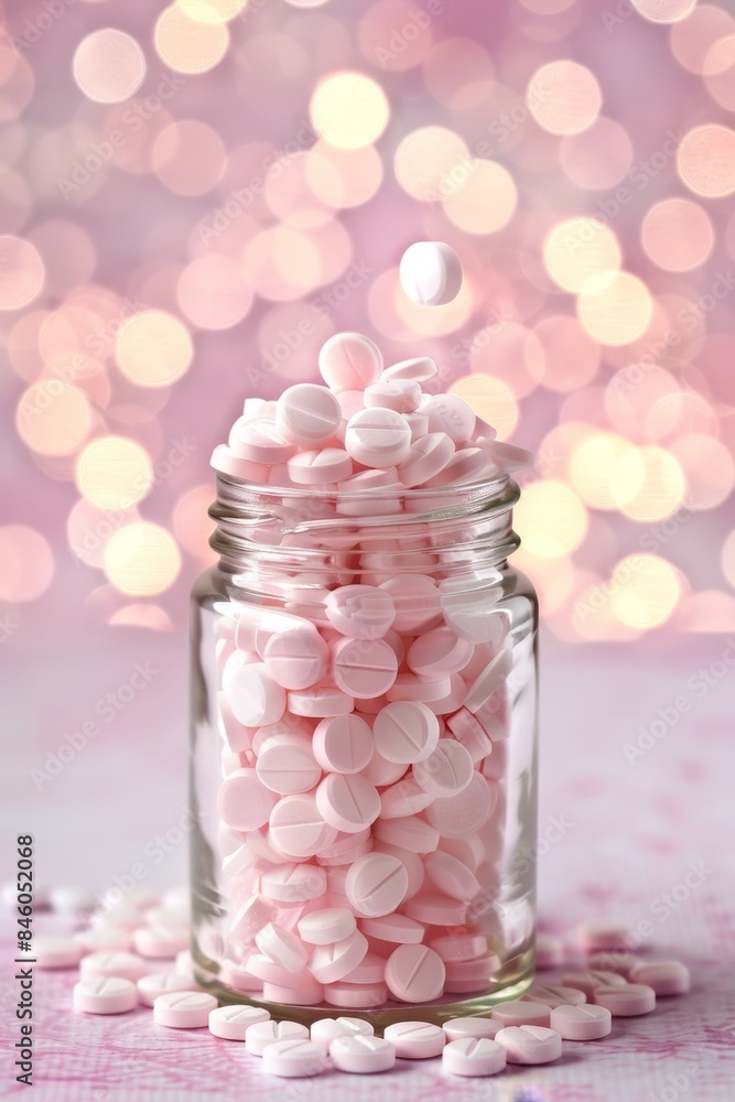 Poster pills falling on pastel background with copy space and bokeh effect for diverse design uses