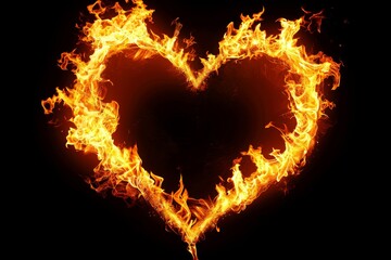 Intense and vibrant heart shaped fire symbol glowing brightly against a dark background