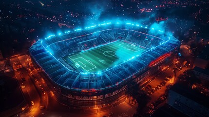 An aerial view of a sports stadium at night, lit up with bright lights and featuring holographic replays on the field.