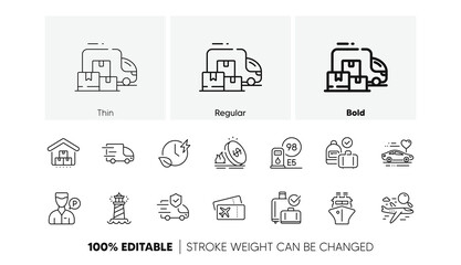 Transport insurance, Ship and Truck delivery line icons. Pack of Carry-on baggage, Petrol station, Gas price icon. Boarding pass, Storage, Search flight pictogram. Charging time. Line icons. Vector