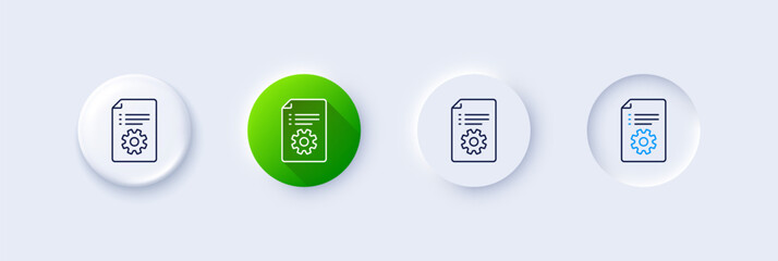 Technical documentation line icon. Neumorphic, Green gradient, 3d pin buttons. Instruction sign. Line icons. Neumorphic buttons with outline signs. Vector